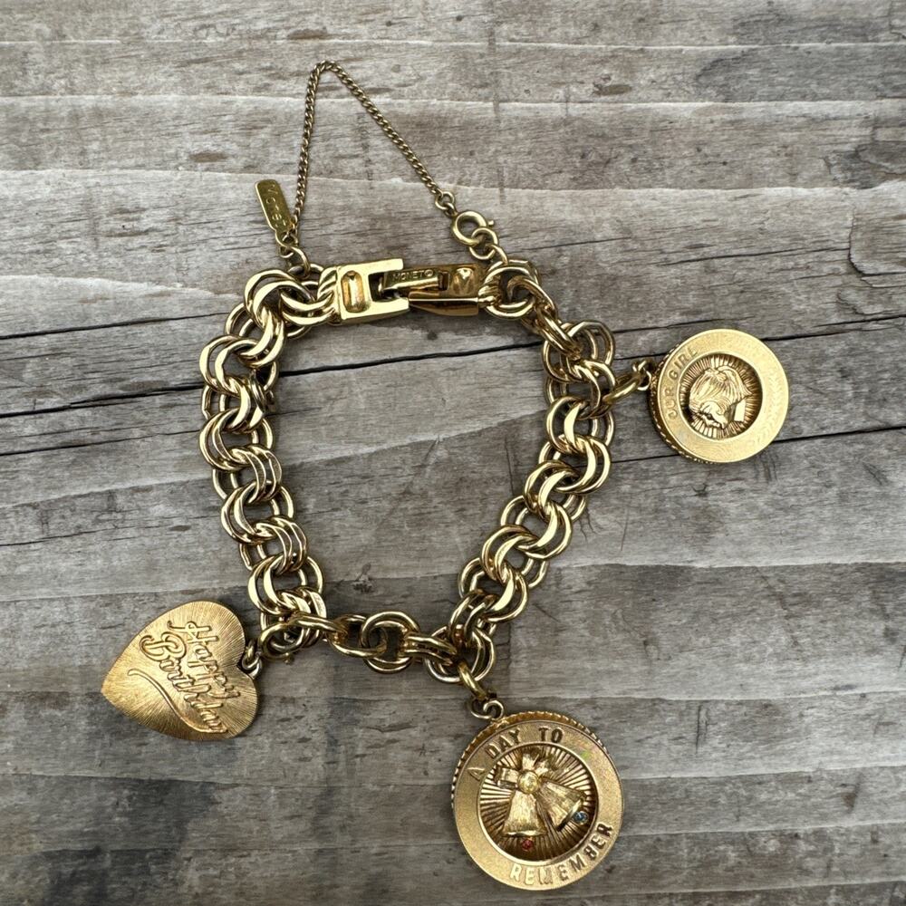 Vtg Monet Gold Tone Bracelet W/ 3 Charms Safety Chain Daughters Child Birthday